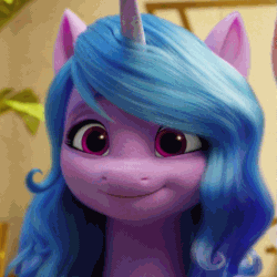 Size: 665x665 | Tagged: safe, screencap, izzy moonbow, pony, unicorn, g5, my little pony: a new generation, 3d, animated, cute, female, gif, head shake, izzybetes, mare, no, reaction image, smiling, solo
