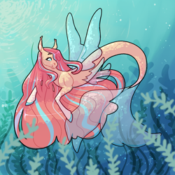 Size: 2000x2000 | Tagged: safe, artist:elf-hollow, fluttershy, merpony, seapony (g4), g4, blue eyes, bubble, clothes, crepuscular rays, female, fin wings, fins, fish tail, flowing mane, flowing tail, high res, ocean, pink mane, redraw, seaponified, seapony fluttershy, seaweed, solo, species swap, sunlight, swimming, tail, underwater, water, wings