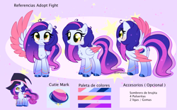 Size: 3822x2365 | Tagged: safe, artist:2pandita, oc, oc only, oc:sweety, pegasus, pony, colored wings, eye clipping through hair, eyebrows, eyebrows visible through hair, female, hat, high res, mare, pegasus oc, reference sheet, smiling, solo, two toned wings, wings, witch hat