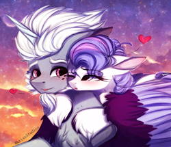 Size: 3950x3400 | Tagged: safe, artist:krissstudios, alphabittle blossomforth, queen haven, pegasus, pony, unicorn, g5, my little pony: a new generation, spoiler:my little pony: a new generation, blushing, colored wings, eye clipping through hair, eyebrows, eyebrows visible through hair, female, heart, high res, hilarious in hindsight, male, mare, one eye closed, ship:alphahaven, shipping, stallion, straight, two toned wings, wings