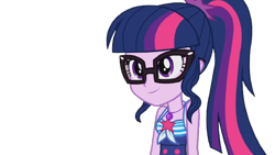 Size: 666x375 | Tagged: safe, edit, edited screencap, screencap, sci-twi, twilight sparkle, equestria girls, friendship math, g4, my little pony equestria girls: better together, bare shoulders, clothes, glasses, simple background, sleeveless, smiling, swimsuit, transparent background