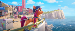 Size: 1900x799 | Tagged: safe, screencap, sunny starscout, earth pony, pony, g5, my little pony: a new generation, spoiler:my little pony: a new generation, 3d, beautiful, depth of field, female, lighthouse, mare, maretime bay, smoothie cart, solo focus, water