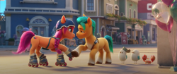 Size: 1145x479 | Tagged: safe, screencap, hitch trailblazer, kenneth, mcsnips-a-lot, sunny starscout, bird, crab, earth pony, pony, seagull, g5, my little pony: a new generation, spoiler:my little pony: a new generation, 3d, critter magnet, female, male, mare, stallion