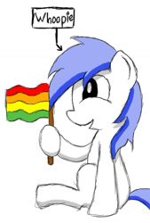 Size: 900x1329 | Tagged: safe, artist:scootaloormayfly, oc, oc only, oc:blue beryl, pony, blue hair, colored, digital art, pride flag, solo, speech bubble, text, white fur