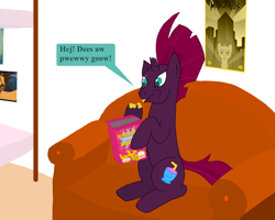 Size: 1280x1024 | Tagged: safe, artist:hakar-kerarmor, fizzlepop berrytwist, tempest shadow, pony, unicorn, g4, g5, my little pony: a new generation, spoiler:my little pony: a new generation, aweeg*, cereal, cereal box, couch, eating, female, food, grinded pony hooves, mare, metropolis, sitting, solo