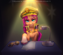 Size: 3000x2600 | Tagged: safe, artist:bubblepurity, sunny starscout, earth pony, pony, g5, my little pony: a new generation, spoiler:my little pony: a new generation, alternate universe, bad end, braid, clothes, cute, dictator, empress, empress sunny, evil, evil sunny, fallen hero, female, glasses, hat, high res, hooves, looking at you, mare, microphone, paper, role reversal, simple background, smiling, smirk, solo, spotlight, sunglasses