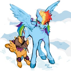 Size: 1080x1079 | Tagged: safe, artist:moshpaws, rainbow dash, scootaloo, pegasus, pony, g4, aviator goggles, aviator hat, cloud, duo, female, filly, goggles, hat, knee pads, looking at each other, looking at someone, mare, on a cloud, signature, smiling, smirk, spread wings, wings