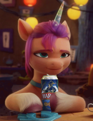 Size: 562x733 | Tagged: safe, edit, edited screencap, screencap, sunny starscout, earth pony, pony, g5, my little pony: a new generation, spoiler:my little pony: a new generation, 3d, alcohol, beer, fake horn, female, half-closed eyes, harnaś, hooves, horn, mare, meme, pegasus crystal, polish