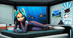 Size: 2000x1057 | Tagged: safe, artist:mrscroup, oc, oc only, cat, fish, peeper (subnautica), unicorn, anthro, bed, bedroom, blue eyes, blue mane, clothes, female, freckles, habitat, horn, indoors, keep calm, looking at you, lying down, ocean, palm tree, picture, picture frame, pillow, poster, prone, solo, subnautica, subnautica: below zero, tree, underwater, unicorn oc, video game crossover, wetsuit, window