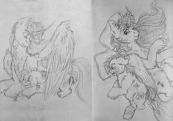 Size: 1502x1044 | Tagged: safe, artist:skior, oc, oc only, oc:skior, pony, age difference, amputee, bandage, lying down, monochrome, prone, traditional art