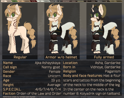 Size: 3672x2893 | Tagged: safe, artist:syntiset, oc, oc only, oc:ajka, pony, unicorn, yakutian horse, fallout equestria, armor, boots, braid, braided tail, chest fluff, clothes, ear fluff, facial hair, fallout equestria: gardarike adventures, female, fluffy, fur, green eyes, helmet, high res, hooves, horn, horns, mare, pagan, pony oc, reference sheet, scar, shoes, smiling, smirk, solo, standing, tail, tattoo, text, unicorn oc