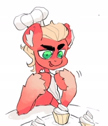 Size: 1762x2048 | Tagged: safe, artist:p0nyplanet, part of a set, sprout cloverleaf, earth pony, pony, g5, my little pony: a new generation, chef's hat, cupcake, ear fluff, food, frosting, hat, male, tongue out