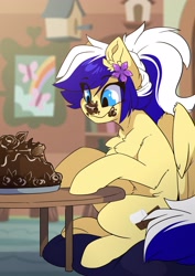 Size: 2481x3507 | Tagged: safe, artist:arctic-fox, oc, oc only, oc:animatedpony, pegasus, pony, cake, chest fluff, eating, food, high res, messy eating, solo