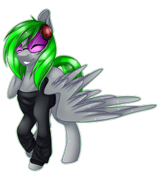 Size: 1457x1577 | Tagged: safe, artist:fantisai, oc, oc only, pegasus, pony, clothes, eyes closed, headphones, pegasus oc, simple background, smiling, solo, transparent background, wings