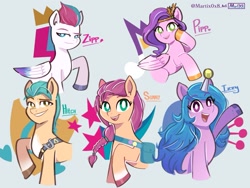 Size: 1423x1069 | Tagged: safe, artist:mar0x8, hitch trailblazer, izzy moonbow, pipp petals, sunny starscout, zipp storm, earth pony, pegasus, pony, unicorn, g5, my little pony: a new generation, spoiler:my little pony: a new generation, adorapipp, adorazipp, ball, cute, cutie mark background, female, horn, hornball, izzy's tennis ball, male, mane five, mare, royal sisters (g5), siblings, sisters, stallion, tennis ball, white pupils