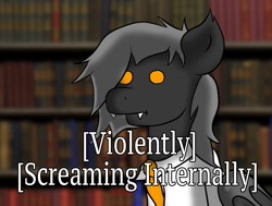 Size: 906x686 | Tagged: safe, artist:tranzmuteproductions, oc, oc only, oc:tranzmute, bat pony, pony, bat pony oc, bat wings, book, bust, fangs, indoors, library, male, necktie, screaming internally, solo, stallion, wings