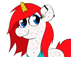 Size: 1280x1024 | Tagged: safe, artist:tranzmuteproductions, oc, oc only, oc:red note, pony, unicorn, bust, ear piercing, eyelashes, female, freckles, horn, mare, piercing, simple background, smiling, solo, unicorn oc, white background