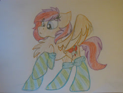 Size: 2828x2121 | Tagged: safe, artist:littlelifedoodles, oc, oc only, pegasus, pony, chest fluff, clothes, eyelashes, female, high res, mare, pegasus oc, raised hoof, socks, solo, striped socks, traditional art