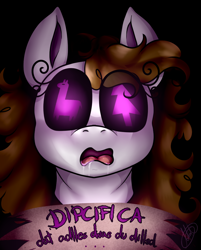 Size: 852x1059 | Tagged: safe, artist:milledpurple, oc, oc only, earth pony, llama, pony, bust, drool, earth pony oc, eye clipping through hair, eyelashes, female, mare, mind control, open mouth, signature, solo, tree, wingding eyes