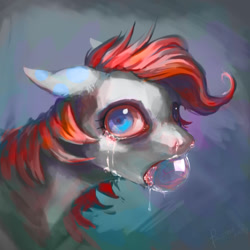 Size: 1024x1024 | Tagged: safe, artist:baccizoof, oc, oc only, oc:bubblebum, pony, bust, crying, floppy ears, portrait, soap bubble, solo