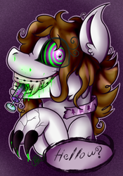 Size: 772x1104 | Tagged: safe, artist:milledpurple, oc, oc only, pony, wolf, wolf pony, braces, claws, collar, ear fluff, eye clipping through hair, fangs, female, gradient background, grin, mare, mind control, sharp teeth, signature, smiling, solo, swirly eyes, syringe, talking, teeth, transformation
