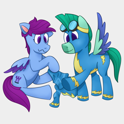 Size: 2000x2000 | Tagged: safe, thunder flap, zoom zephyrwing, pegasus, pony, g5, my little pony: a new generation, spoiler:my little pony a new generation, clothes, dressing, duo, female, guard, guardsmare, high res, male, mare, royal guard, simple background, stallion, uniform, wonderbolts uniform