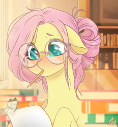 Size: 1559x1683 | Tagged: safe, artist:jvartes6112, fluttershy, butterfly, pegasus, pony, g4, alternate hairstyle, blushing, book, bust, cute, female, floppy ears, glasses, indoors, mare, meganekko, mouth hold, pencil, round glasses, shyabetes, solo