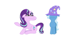 Size: 2581x1496 | Tagged: safe, artist:wolvinof, starlight glimmer, trixie, pony, unicorn, g4, angry, annoyed, blank expression, clothes, cutie mark, deltarune, duo, god fucking damnit kris where the fuck are we, hat, hidden eyes, meme, simple background, stare, trixie's hat