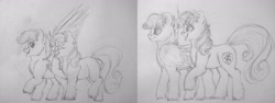 Size: 2558x960 | Tagged: safe, artist:skior, scootaloo, sweetie belle, pony, g4, monochrome, older, traditional art
