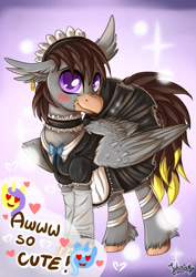Size: 1920x2716 | Tagged: safe, artist:julunis14, oc, oc:glacandra, oc:luxor, oc:tulipan, classical hippogriff, hippogriff, blushing, choker, clothes, costume, crossdressing, ear piercing, earring, emoji, girly, heart eyes, jewelry, looking at you, maid, male, offscreen character, piercing, simple background, text, unshorn fetlocks, wingding eyes