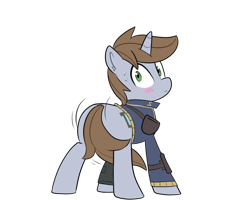 Size: 1500x1200 | Tagged: safe, artist:icey, oc, oc only, oc:littlepip, pony, unicorn, fallout equestria, blush sticker, blushing, brown mane, covering, ear fluff, embarrassed, eyes open, female, green eyes, horn, mare, modest, modesty, motion lines, pipbuck, simple background, solo, standing, sweat, sweatdrops, tail, tail covering, transparent background, unicorn oc