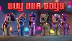 Size: 1377x780 | Tagged: safe, edit, edited screencap, screencap, applejack, fluttershy, pinkie pie, rainbow dash, rarity, twilight sparkle, g5, my little pony: a new generation, spoiler:my little pony: a new generation, 3d, buy our toys, mane six, op is a duck, text