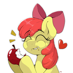 Size: 2154x2154 | Tagged: safe, artist:ljdamz1119, edit, apple bloom, earth pony, pony, g4, apple, bite mark, cheek bulge, eating, emanata, eyes closed, floating heart, food, happy, heart, herbivore, high res, simple background, smiling, solo, transparent background