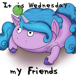 Size: 1360x1360 | Tagged: artist needed, safe, izzy moonbow, frog, pony, unicorn, g5, my little pony: a new generation, spoiler:my little pony: a new generation, ball, it is wednesday my dudes, izzy's tennis ball, meme, ponified meme, solo, tennis ball, wednesday