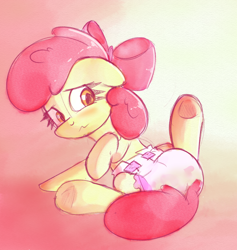 Size: 1214x1280 | Tagged: safe, artist:zalakir, apple bloom, earth pony, pony, g4, blushing, diaper, diaper fetish, female, fetish, filly, non-baby in diaper, solo, spread legs, spreading, underhoof, urine, wet diaper