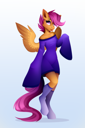 Size: 4724x7087 | Tagged: safe, artist:buvanybu, scootaloo, pegasus, anthro, unguligrade anthro, g4, clothes, dress, equine, female, gradient background, looking at you, solo, tongue out