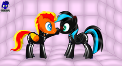 Size: 7680x4154 | Tagged: safe, artist:damlanil, oc, oc only, oc:fireheart(fire), oc:nightlight aura, bat pony, hybrid, pegabat, pegasus, pony, absurd resolution, blushing, boop, catsuit, clothes, collar, commission, cute, duo, female, grin, happy, latex, latex suit, male, mare, padded cell, rubber, shiny, shiny mane, show accurate, smiling, stallion, story, story included, suit, vector, wings