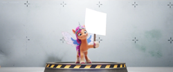 Size: 1280x536 | Tagged: safe, edit, edited screencap, screencap, sunny starscout, earth pony, pony, g5, my little pony: a new generation, spoiler:my little pony: a new generation, 3d, blank, braid, eyebrows, fake horn, fake wings, female, hoof hold, mare, meme template, sign, smiling, solo, standing, unshorn fetlocks