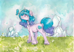 Size: 7015x4960 | Tagged: safe, artist:lightisanasshole, izzy moonbow, butterfly, pony, unicorn, g5, my little pony: a new generation, spoiler:my little pony: a new generation, absurd resolution, bracelet, cheek fluff, chest fluff, crystal, cutie mark, dandelion, ear fluff, ear piercing, earring, female, grass, grass field, hoof fluff, hooves, jewelry, leaning, leaning forward, leg fluff, looking at something, looking up, mare, marker drawing, necklace, outdoors, piercing, profile, smiling, solo, standing, traditional art, unshorn fetlocks, watercolor painting
