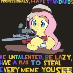 Size: 802x802 | Tagged: safe, artist:drafthoof, fluttershy, pegasus, pony, g4, caption, expand dong, exploitable meme, gun, image macro, meme, rifle, sniper, sniper (tf2), sniper rifle, snipershy, solo, team fortress 2, weapon