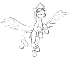 Size: 587x496 | Tagged: safe, artist:appletree_at, artist:armud_am, zipp storm, pegasus, pony, g5, clothes, flying, monochrome, solo, uniform, wonderbolts uniform