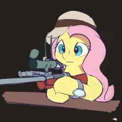 Size: 1000x1001 | Tagged: safe, artist:drafthoof, fluttershy, pony, g4, bust, female, gun, gunshy, hat, mare, rifle, simple background, sniper, sniper (tf2), sniper rifle, snipershy, solo, team fortress 2, three quarter view, watch, weapon, wristwatch