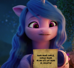 Size: 875x804 | Tagged: safe, edit, edited screencap, screencap, izzy moonbow, pony, unicorn, g5, my little pony: a new generation, spoiler:my little pony: a new generation, 3d, cropped, female, lilo and stitch, mare, movie reference, reference, solo, text edit