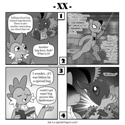 Size: 1200x1200 | Tagged: safe, artist:vavacung, queen chrysalis, spike, dragon, insect, moth, pony, comic:out of chrysalis, g4, biting, comic, crossover, female, male, monochrome, species swap, spider-man