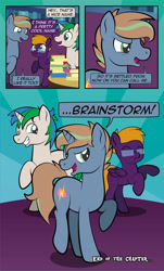 Size: 1920x3169 | Tagged: safe, artist:alexdti, oc, oc only, oc:brainstorm (alexdti), oc:purple creativity, oc:star logic, pegasus, pony, unicorn, comic:quest for friendship, ^^, bipedal, blue eyes, book, comic, dialogue, eyes closed, female, folded wings, glasses, green eyes, horn, male, mare, open mouth, open smile, pegasus oc, raised hoof, raised leg, rearing, shadow, smiling, speech bubble, stallion, standing, standing on two hooves, tail, trio, twilight's castle, two toned mane, two toned tail, unicorn oc, wings