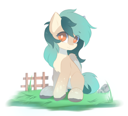 Size: 2463x2240 | Tagged: safe, alternate character, alternate version, artist:jfrxd, oc, oc only, oc:peacher, pegasus, pony, female, fence, grass, high res, looking at you, mare, orange eyes, pegasus oc, sitting, smiling, smiling at you, solo, white pupils