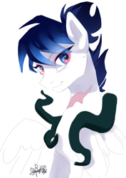 Size: 2480x3507 | Tagged: safe, artist:charlot, oc, oc only, oc:cogwheel snowflake, pegasus, pony, eye clipping through hair, eyebrows, eyebrows visible through hair, female, high res, looking at you, mare, pegasus oc, scar, simple background, smiling, smiling at you, solo, spread wings, white background, wings