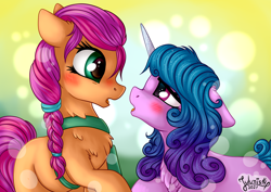 Size: 4093x2894 | Tagged: safe, artist:julunis14, izzy moonbow, sunny starscout, earth pony, pony, unicorn, g5, my little pony: a new generation, spoiler:g5, spoiler:my little pony: a new generation, blushing, braid, eye contact, female, floppy ears, lesbian, looking at each other, raised hoof, scene interpretation, ship:moonscout, shipping, signature