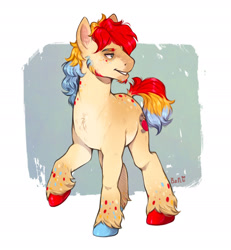 Size: 1920x2082 | Tagged: safe, artist:birdoffnorth, oc, oc only, oc:hill sprint, earth pony, pony, coat markings, commission, magical lesbian spawn, male, multicolored hooves, offspring, parent:applejack, parent:rainbow dash, parents:appledash, solo, stallion, unshorn fetlocks