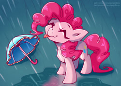 Size: 1000x707 | Tagged: safe, artist:chaosangeldesu, pinkie pie, earth pony, pony, g4, chest fluff, cute, diapinkes, happy, puddle, rain, rain drops, sketch, solo, tongue out, umbrella